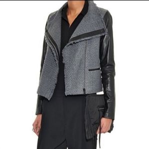 Genuine Vince Black Leather Moto Jacket Gray Wool Boucle Scuba Coat